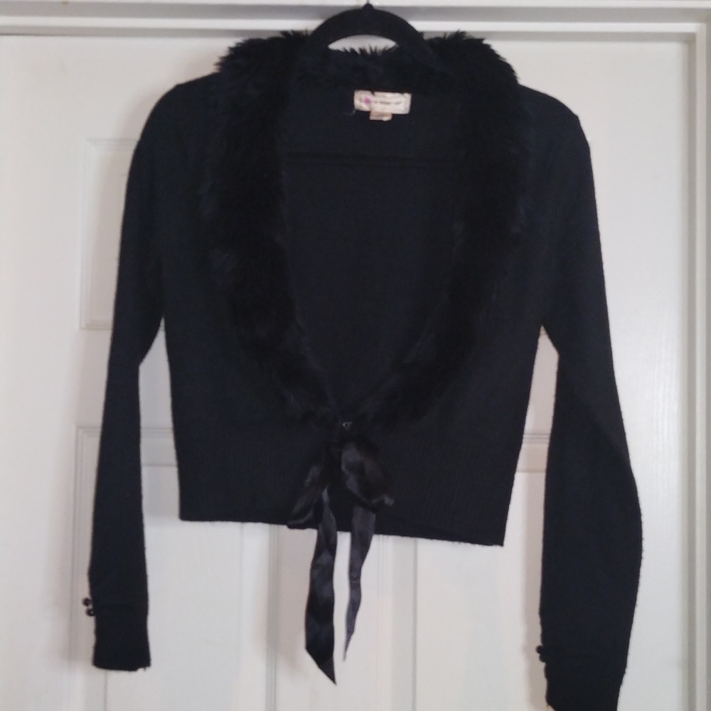 One Step Up Women's Black Fur Open Cardigan Size Medium ribbon tie‎